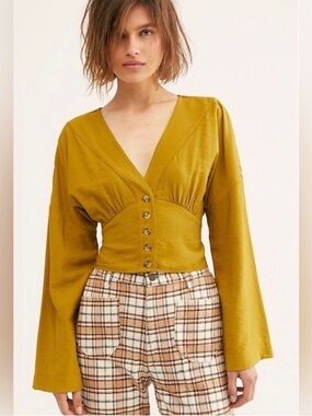 Free People Mustard Yellow V-Neck Button Front Blouse